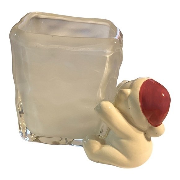 POLAR bear with Santa hat hugging frosted planter. - Picture 2 of 8